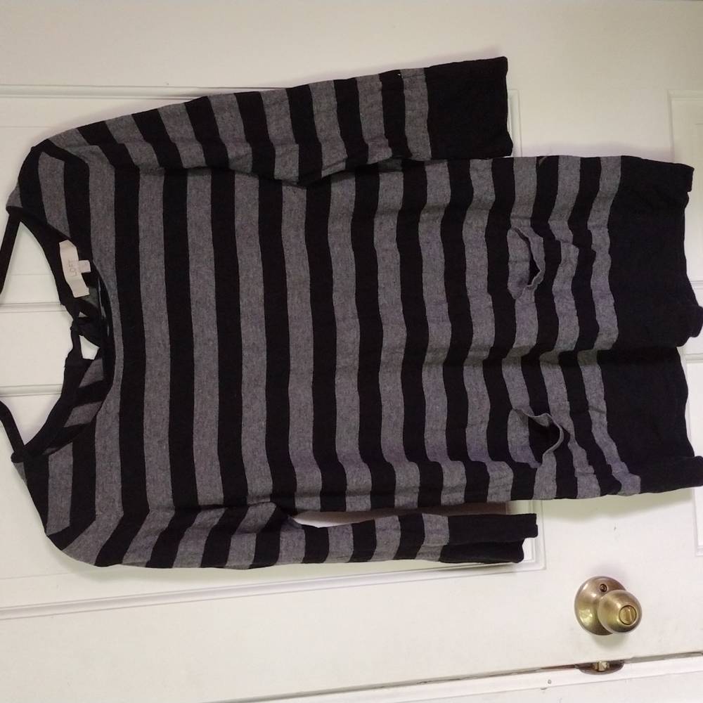 LOFT Grey and Black Striped Tie Back Tunic Length Sweater Size Large